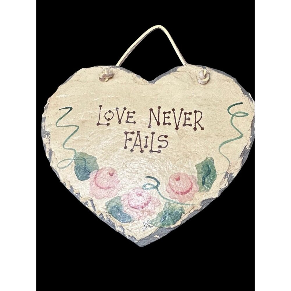 VTG 'Love Never Fails' Slate Wall Sign Heart Shaped Folk Art Hand Painted Roses